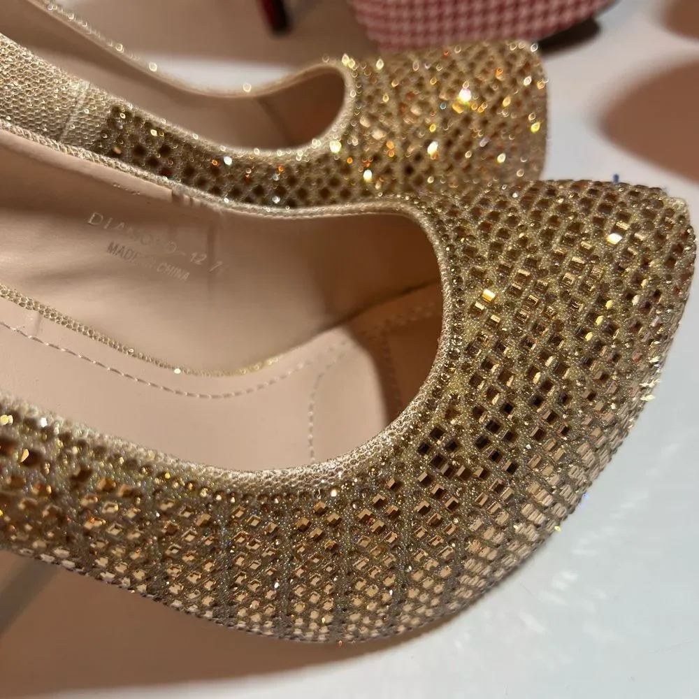 🛍️ Gold rhinestone glitter platform slip on stiletto high heel pumps size 7.5